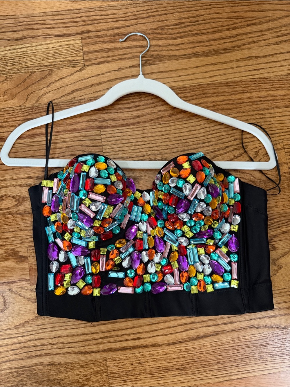 Embellished Black Bustier Cropped Top with Multicolor Gems 38 band adjustable